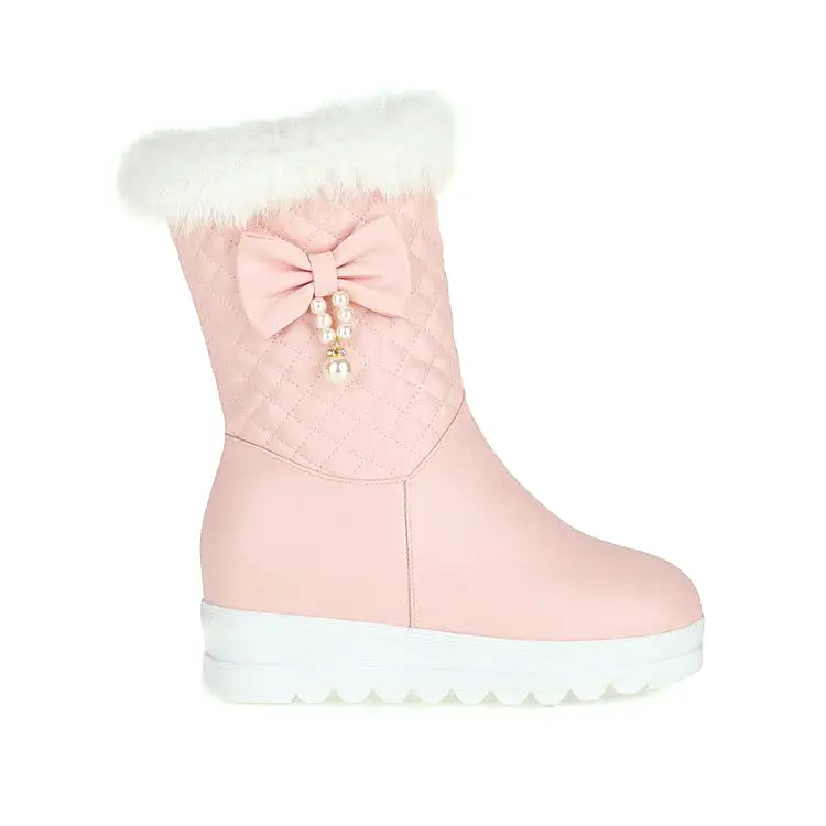 Women's Pu Leather Round Toe Bow Tie Pearls Furry Platform Wedge Heel Mid-Calf Snow Boots