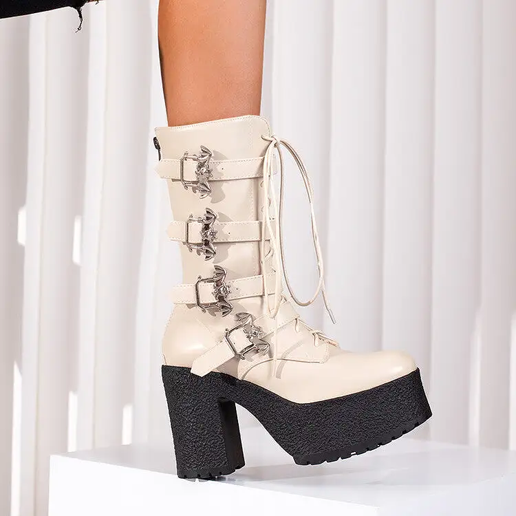 Women's Pu Leather Round Toe Lace Up Buckle Straps Block Chunky Heel Platform Mid-calf Boots