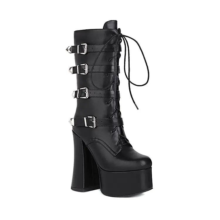 Women's Pu Leather Round Toe Lace Up Buckle Straps Block Chunky Heel Platform Mid-calf Boots