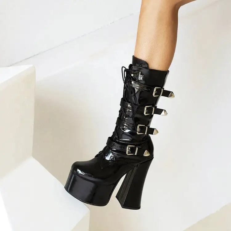 Women's Pu Leather Round Toe Lace Up Buckle Straps Block Chunky Heel Platform Mid-calf Boots