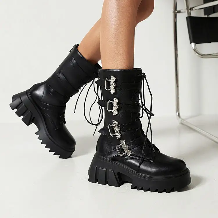 Women's Pu Leather Round Toe Metal Buckle Straps Lace Up Block Chunky Heel Platform Mid-calf Boots