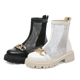 Women's Pu Leather Round Toe Metal Chains Mesh Back Zippers Block Chunky Heel Platform Ankle Boots