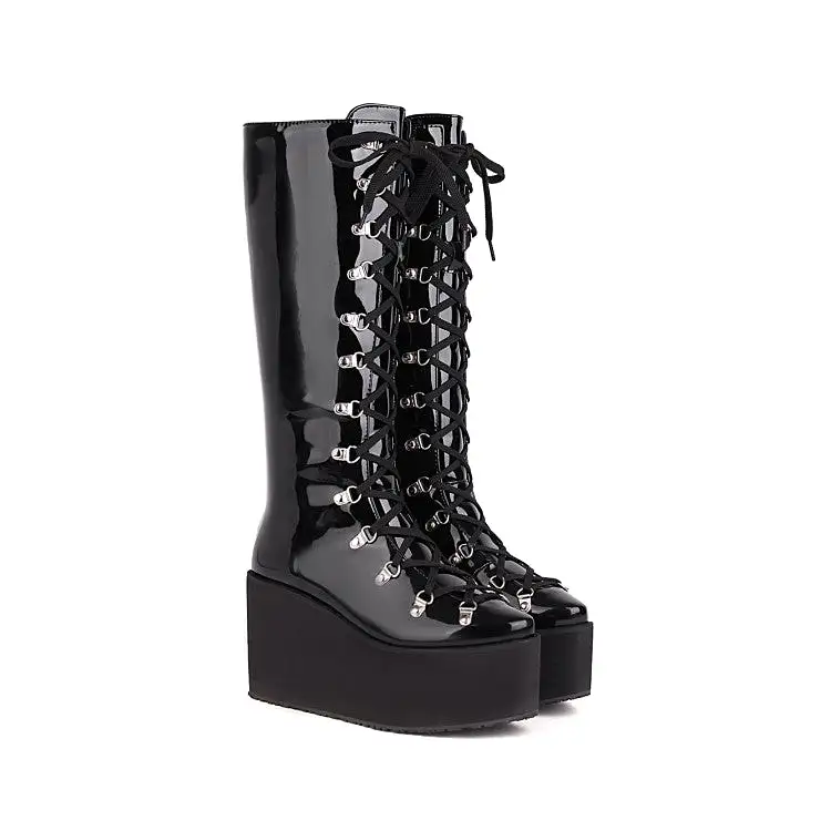 Women's Pu Leather Round Toe Metal Rivets Lace Up Wedge Heel Platform Mid-calf Boots