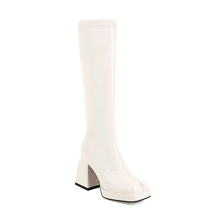 Women's Pu Leather Square Toe Block Chunky Heel Platform Knee High Boots