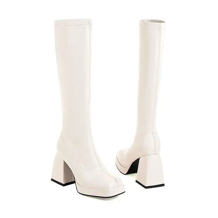 Women's Pu Leather Square Toe Block Chunky Heel Platform Knee High Boots