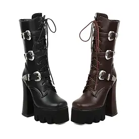 Women's Pu Leather Square Toe Lace Up Buckle Straps Block Chunky Heel Platform Mid-calf Boots