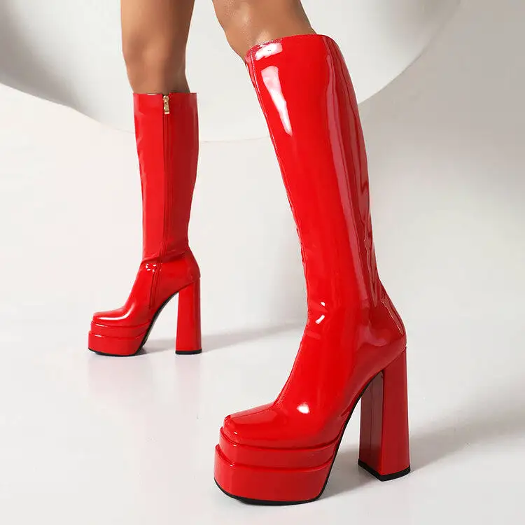 Women's Pu Leather Square Toe Side Zippers Block Chunky Heel Platform Knee High Boots