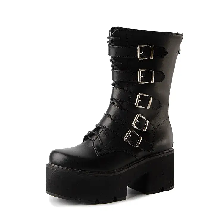 Women's Round Toe Buckle Straps Block Chunky Heel Platform Mid-calf Boots