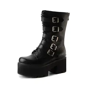 Women's Round Toe Buckle Straps Block Chunky Heel Platform Mid-calf Boots