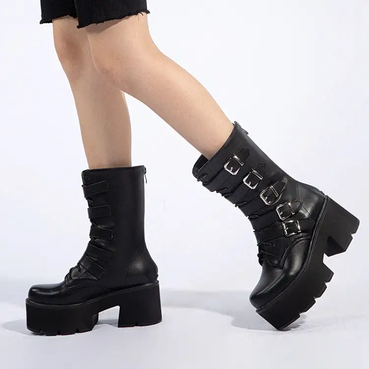 Women's Round Toe Buckle Straps Block Chunky Heel Platform Mid-calf Boots