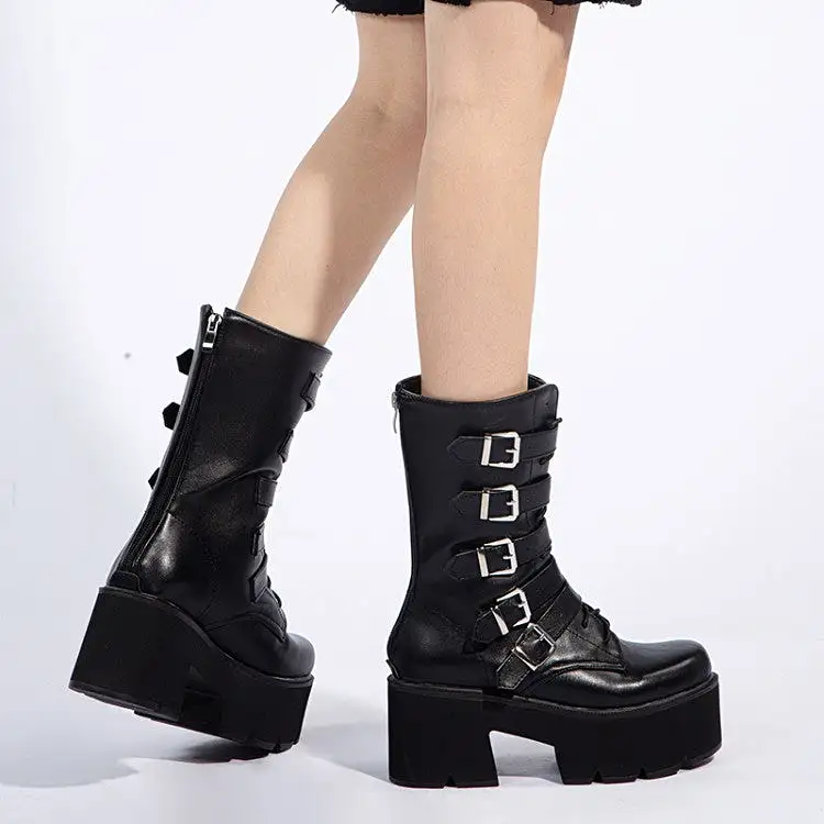 Women's Round Toe Buckle Straps Block Chunky Heel Platform Mid-calf Boots