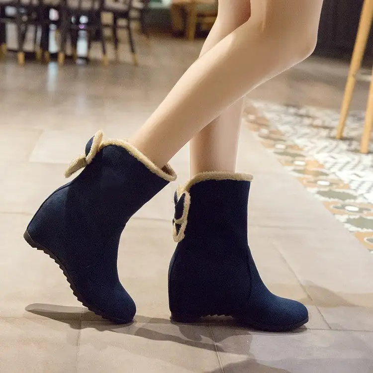 Women's Round Toe Furry Bowtie Inside Heighten Ankle Boots