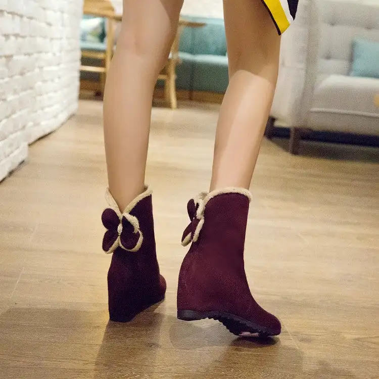 Women's Round Toe Furry Bowtie Inside Heighten Ankle Boots