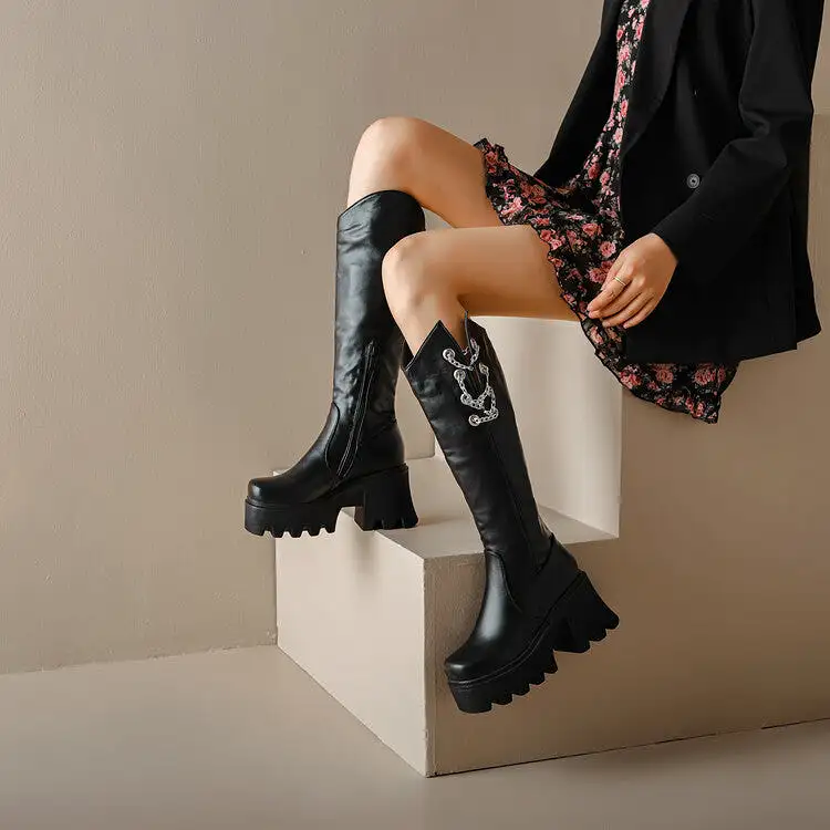 Women's Round Toe Metal Chains Block Heel Platform Knee-High Boots