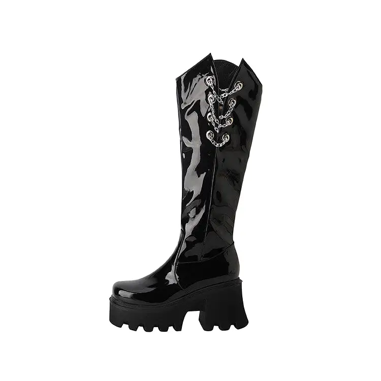 Women's Round Toe Metal Chains Block Heel Platform Knee-High Boots