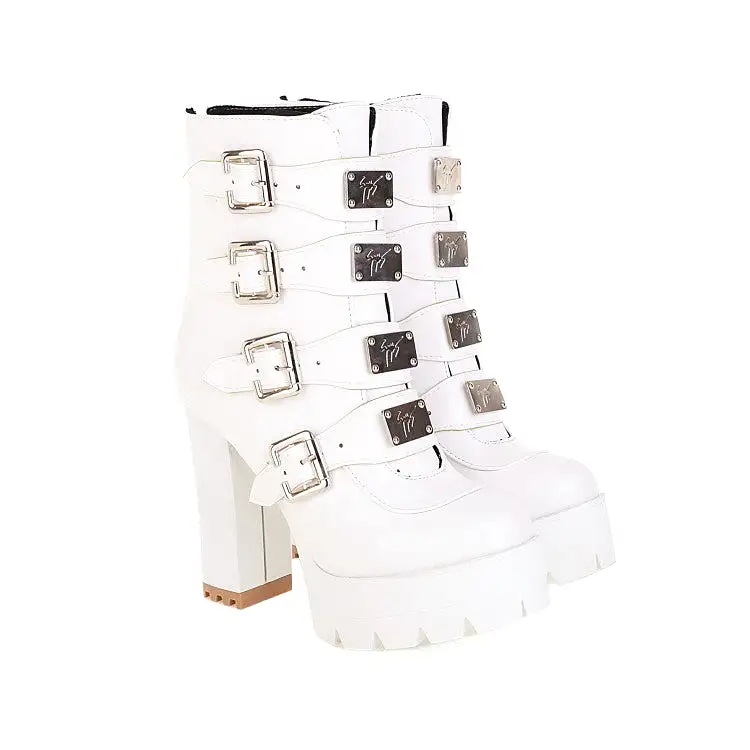 Women's Round Toe Sequins Metal Buckle Straps Block Chunky Heel Platform Mid-Calf Boots