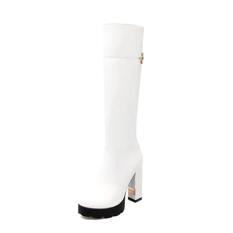 Women's Round Toe Side Zippers Chunky Heel Platform Knee-High Boots