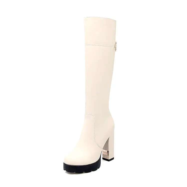 Women's Round Toe Side Zippers Chunky Heel Platform Knee-High Boots