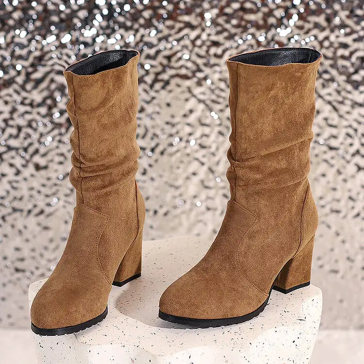 Women's Round Toe Slouch Block Chunky Heel Mid-Calf Boots