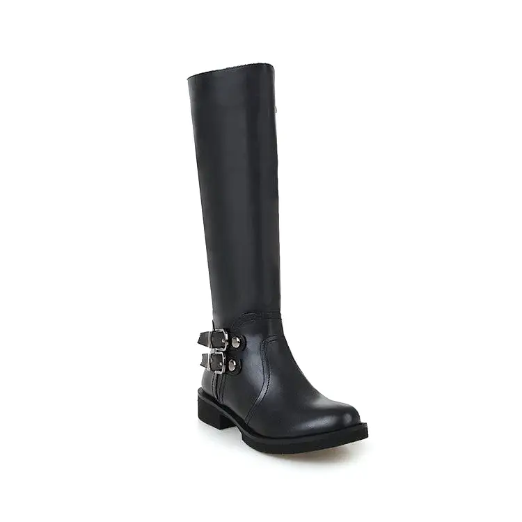 Women's Side Zippers Buckle Straps Low Heels Knee-High Boots