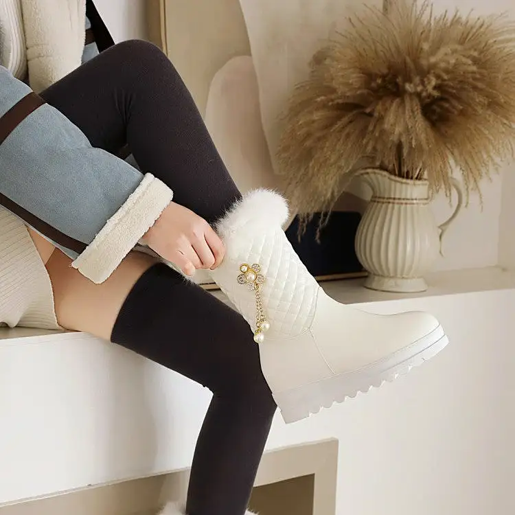 Women's Side Zippers Rhinestone Sunflower Platform Wedge Heel Mid-Calf Snow Boots