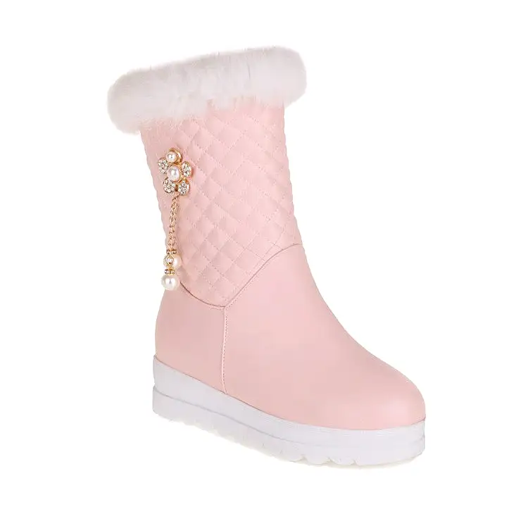 Women's Side Zippers Rhinestone Sunflower Platform Wedge Heel Mid-Calf Snow Boots