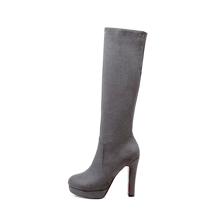 Women's Side Zippers Round Toe Chunky Heel Platform Knee-High Boots