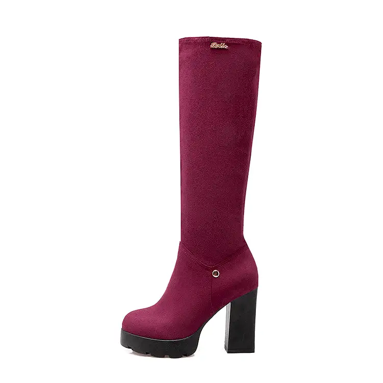 Women's Side Zippers Round Toe Chunky Heel Platform Knee-High Boots