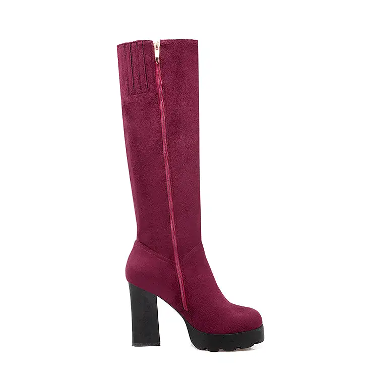 Women's Side Zippers Round Toe Chunky Heel Platform Knee-High Boots