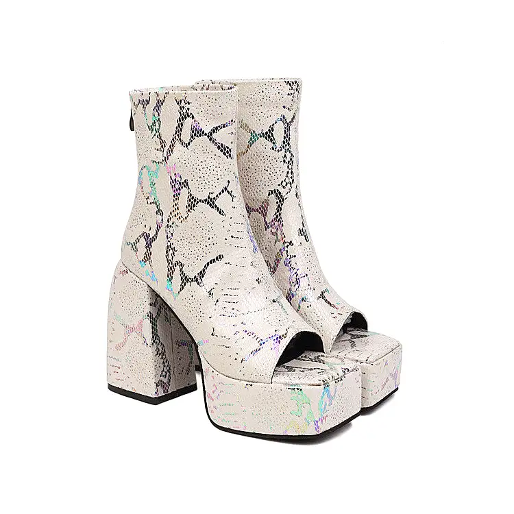 Women's Snake Printed Open Toe Side Zippers Block Chunky Heel Platform Ankle Boots