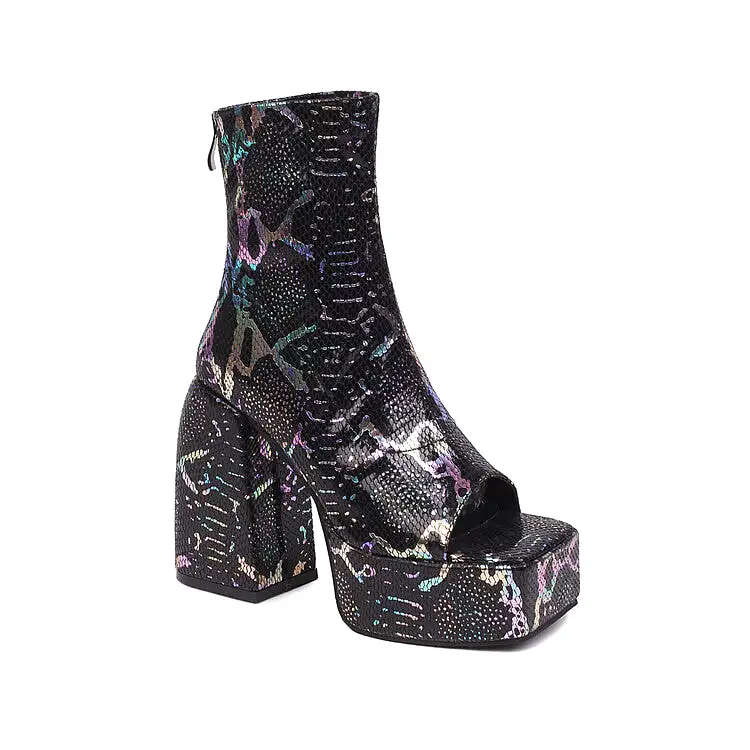 Women's Snake Printed Open Toe Side Zippers Block Chunky Heel Platform Ankle Boots