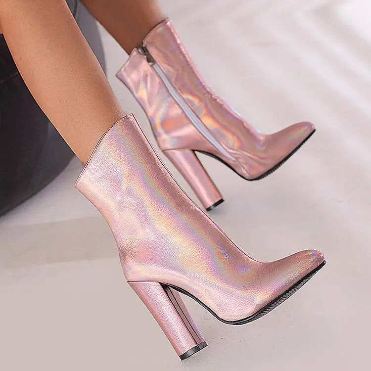 Women's Sparkling Patent Side Zippers Pointed Toe Block Chunky Heel Mid-Calf Boots