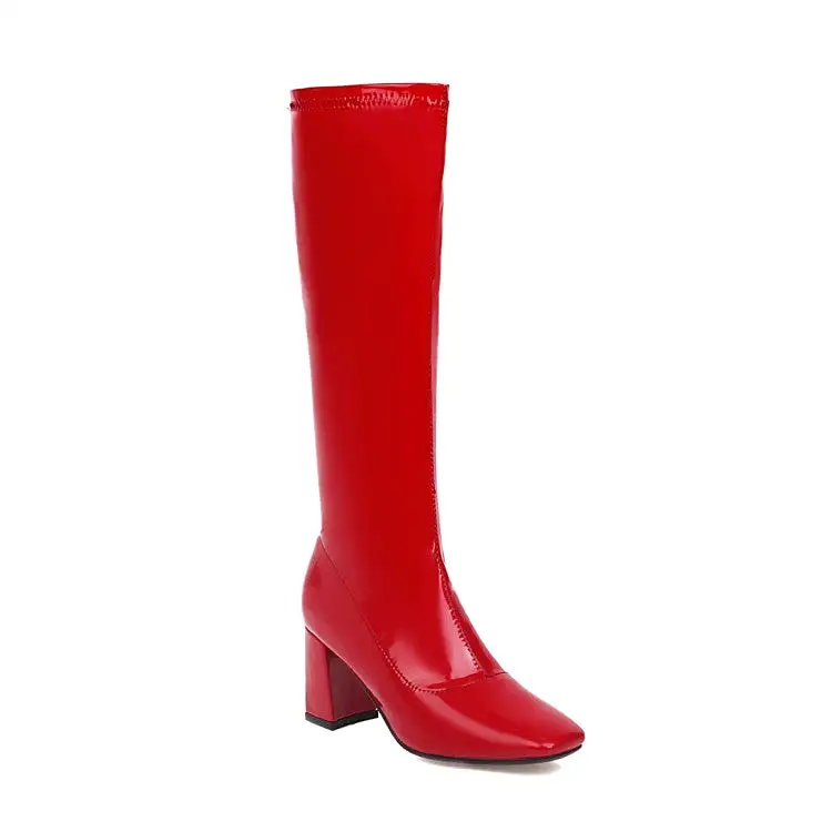 Women's Square Toe Glossy Side Zippers Chunky Heel Knee-High Boots