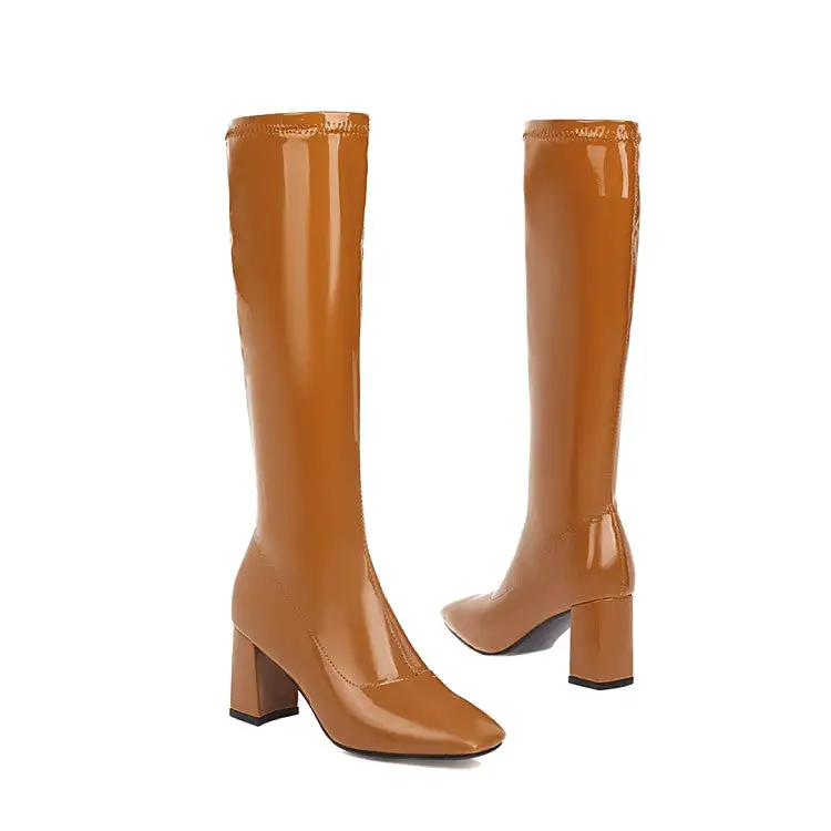 Women's Square Toe Glossy Side Zippers Chunky Heel Knee-High Boots