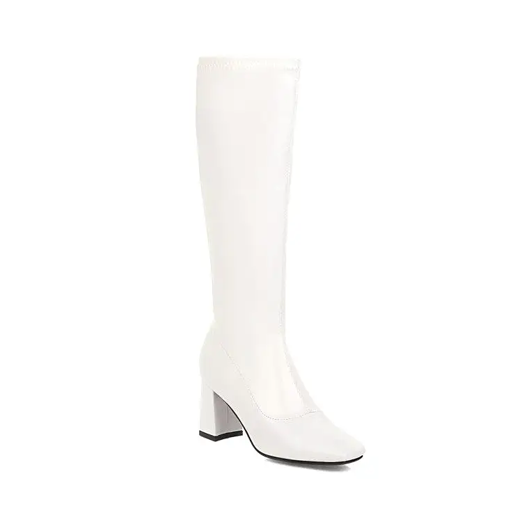 Women's Square Toe Glossy Side Zippers Chunky Heel Knee-High Boots