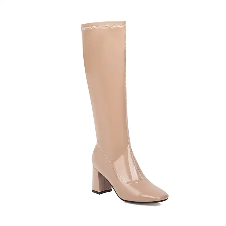 Women's Square Toe Glossy Side Zippers Chunky Heel Knee-High Boots