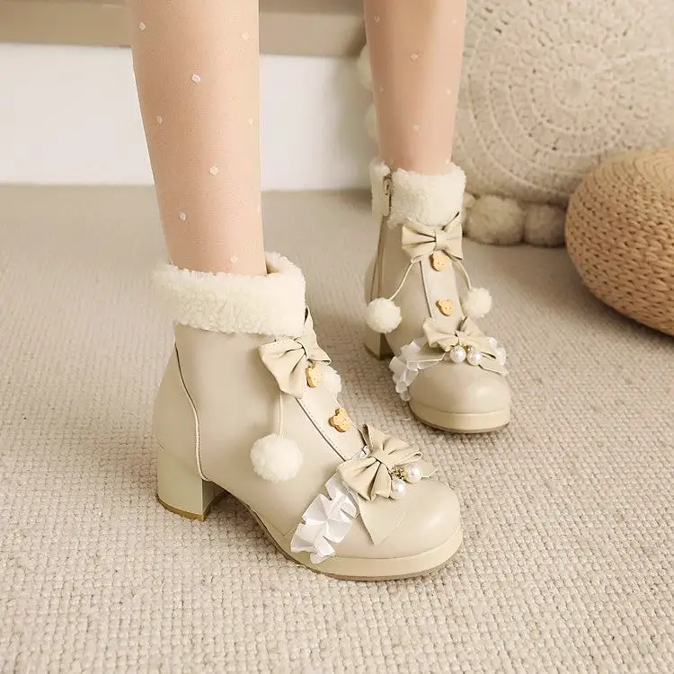 Women's Square Toe Lace Bow Tie Pearls Block Chunky Heel Ankle Boots