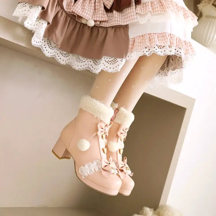 Women's Square Toe Lace Bow Tie Pearls Block Chunky Heel Ankle Boots