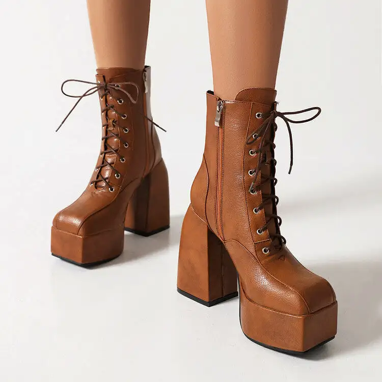 Women's Square Toe Lace-Up Side Zippers Block Chunky Heel Platform Ankle Boots