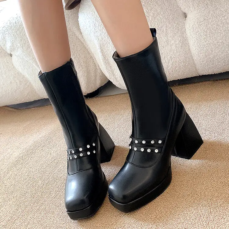 Women's Square Toe Rhinestone Side Zippers Block Chunky Heel Platform Ankle Boots