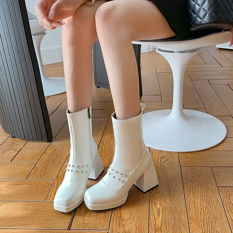 Women's Square Toe Rhinestone Side Zippers Block Chunky Heel Platform Ankle Boots