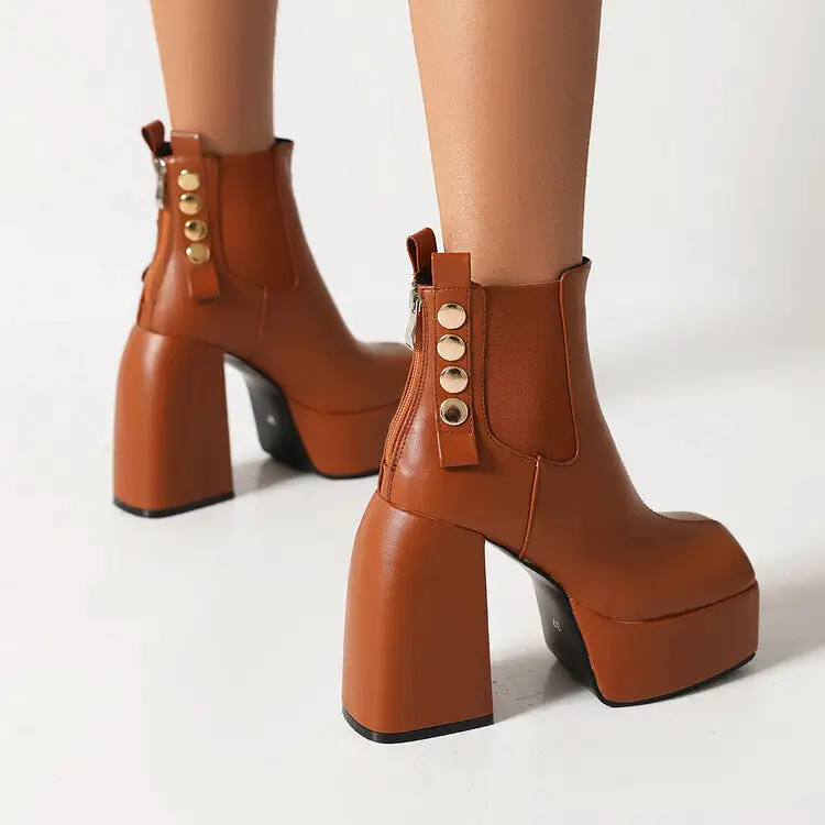 Women's Square Toe Rivets Block Chunky Heel Platform Ankle Boots