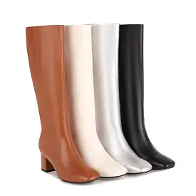 Women's Square Toe Side Zippers Chunky Heel Knee-High Boots