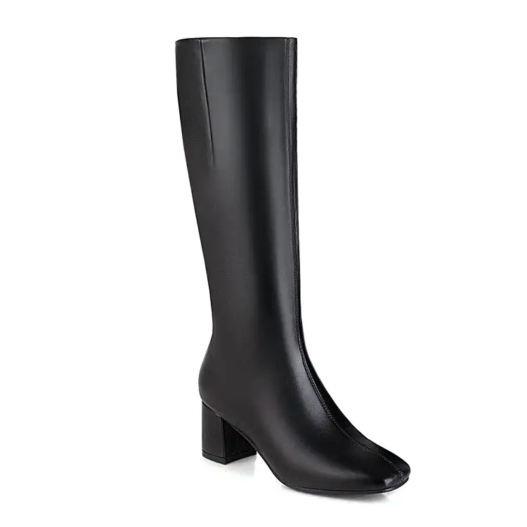 Women's Square Toe Side Zippers Chunky Heel Knee-High Boots