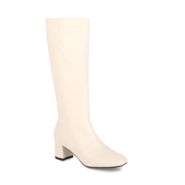 Women's Square Toe Side Zippers Chunky Heel Knee-High Boots