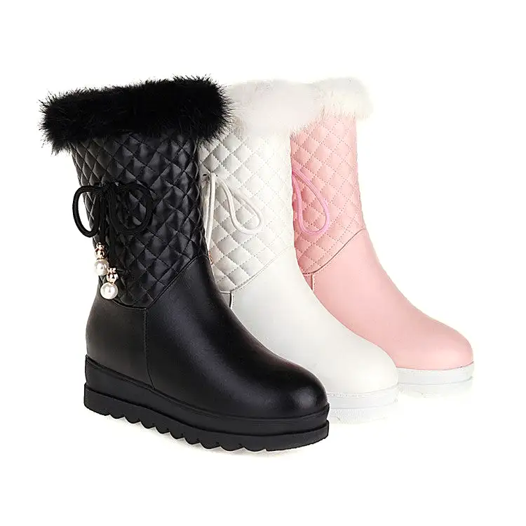 Women's Tied Straps Pearls Furry Side Zippers Platform Wedge Mid-Calf Snow Boots