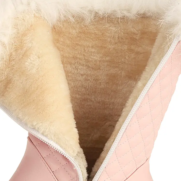 Women's Tied Straps Pearls Furry Side Zippers Platform Wedge Mid-Calf Snow Boots