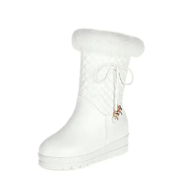 Women's Tied Straps Pearls Furry Side Zippers Platform Wedge Mid-Calf Snow Boots