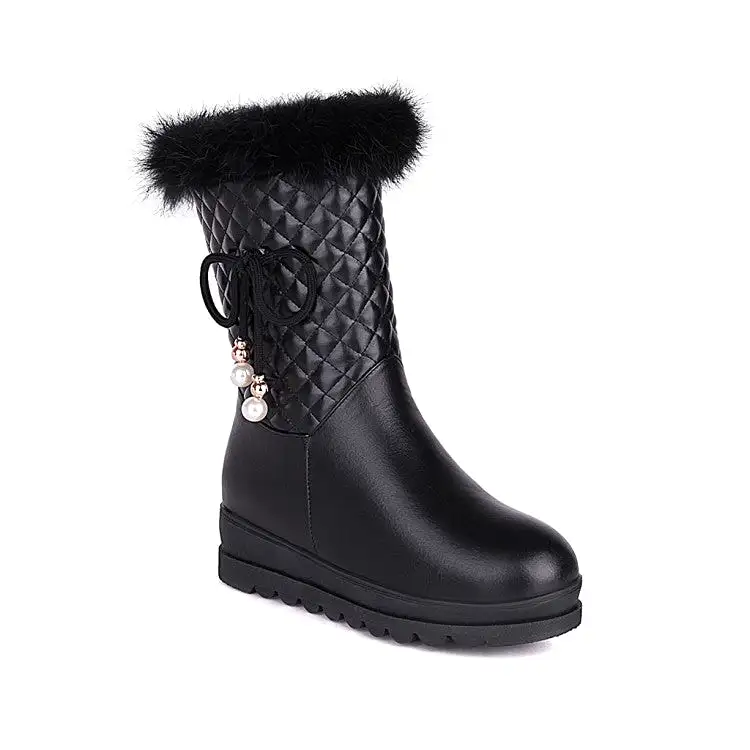 Women's Tied Straps Pearls Furry Side Zippers Platform Wedge Mid-Calf Snow Boots