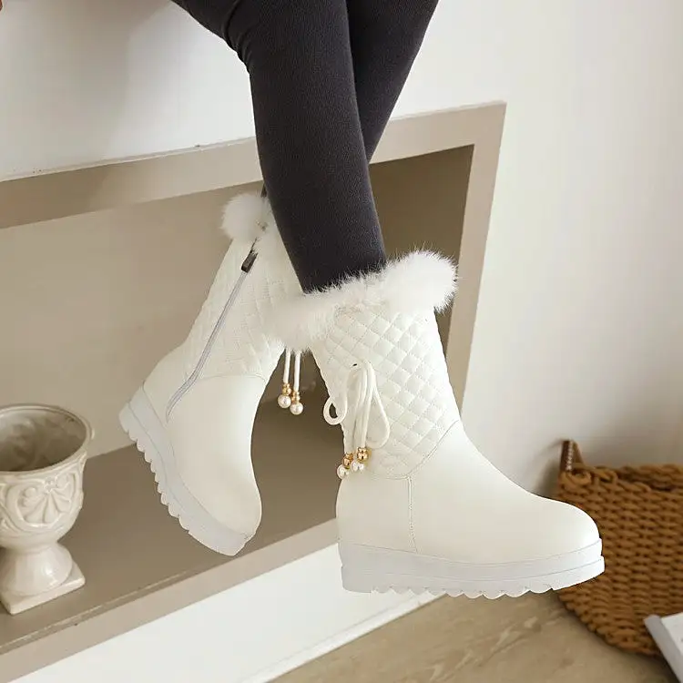 Women's Tied Straps Pearls Furry Side Zippers Platform Wedge Mid-Calf Snow Boots